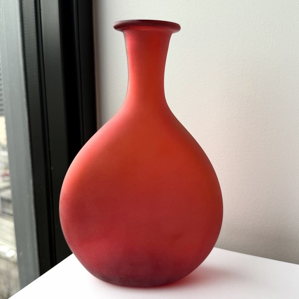 MCM 1950s Murano Glsss Satinato Ruby Red Bottle Vase Italy 9 1/2"